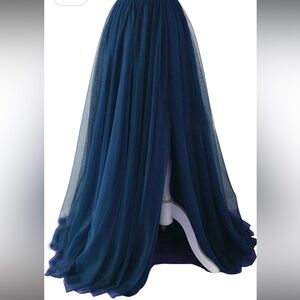 BLUE EllieHouse Adult Split Long Floor Tulle Skirt - prom party evening formal